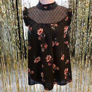 Dark Green High Neck Lace Yoke Sleeveless Blouse Ruffled Cap Sleeves Size Large